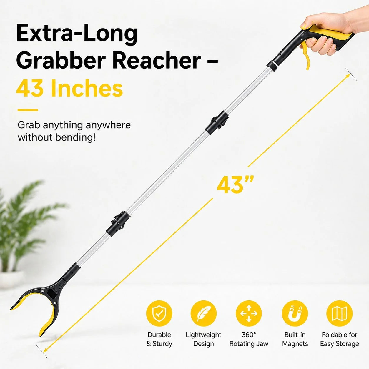 43-Inch Heavy-Duty Grabber Tool with Rotating Jaw and Magnets