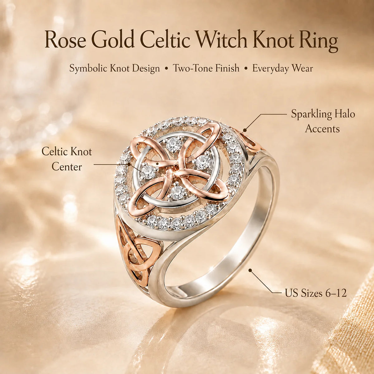 Distinctive Two-Tone Celtic Knot Ring – Rose Gold & Silver Statement