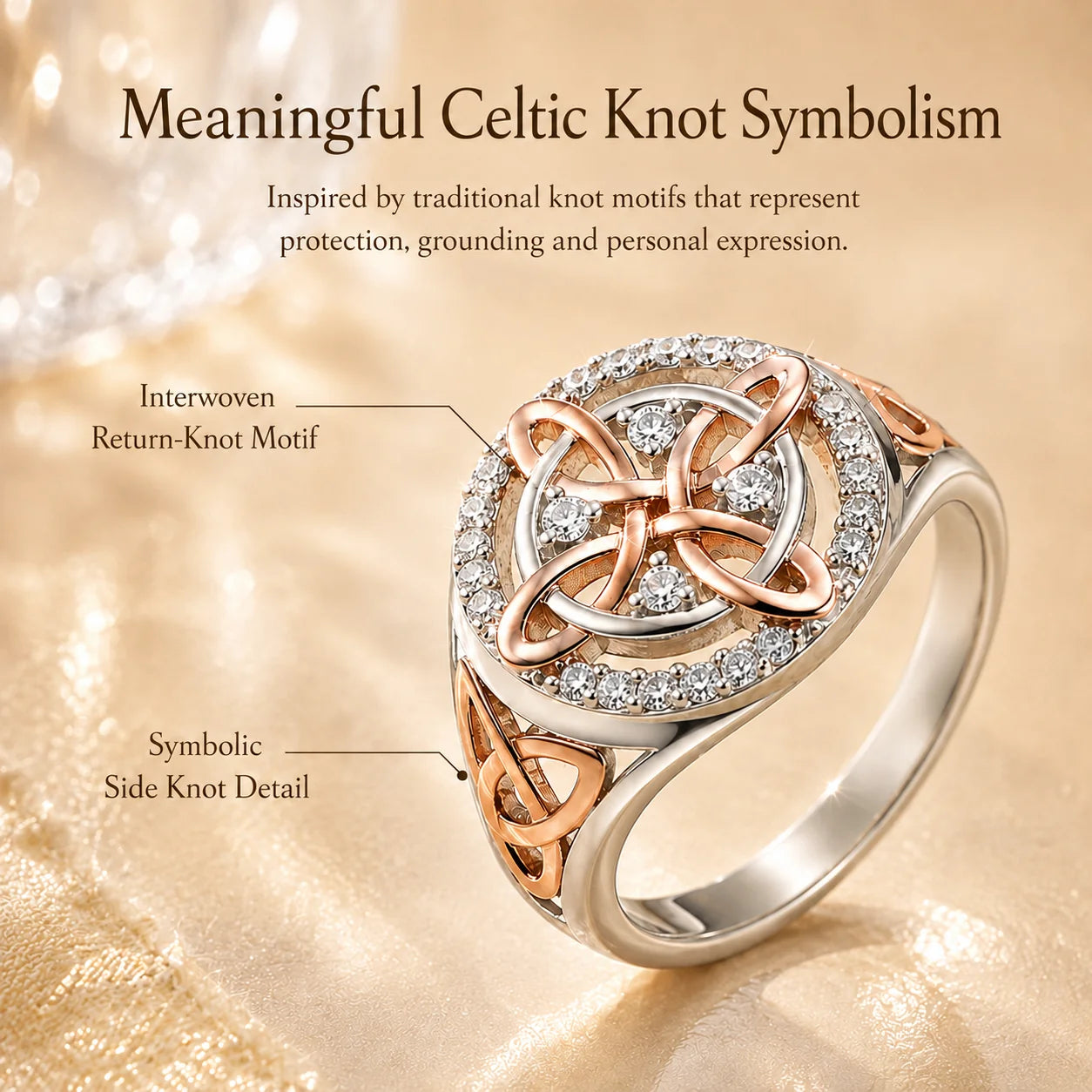 Distinctive Two-Tone Celtic Knot Ring – Rose Gold & Silver Statement