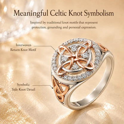 Distinctive Two-Tone Celtic Knot Ring – Rose Gold & Silver Statement