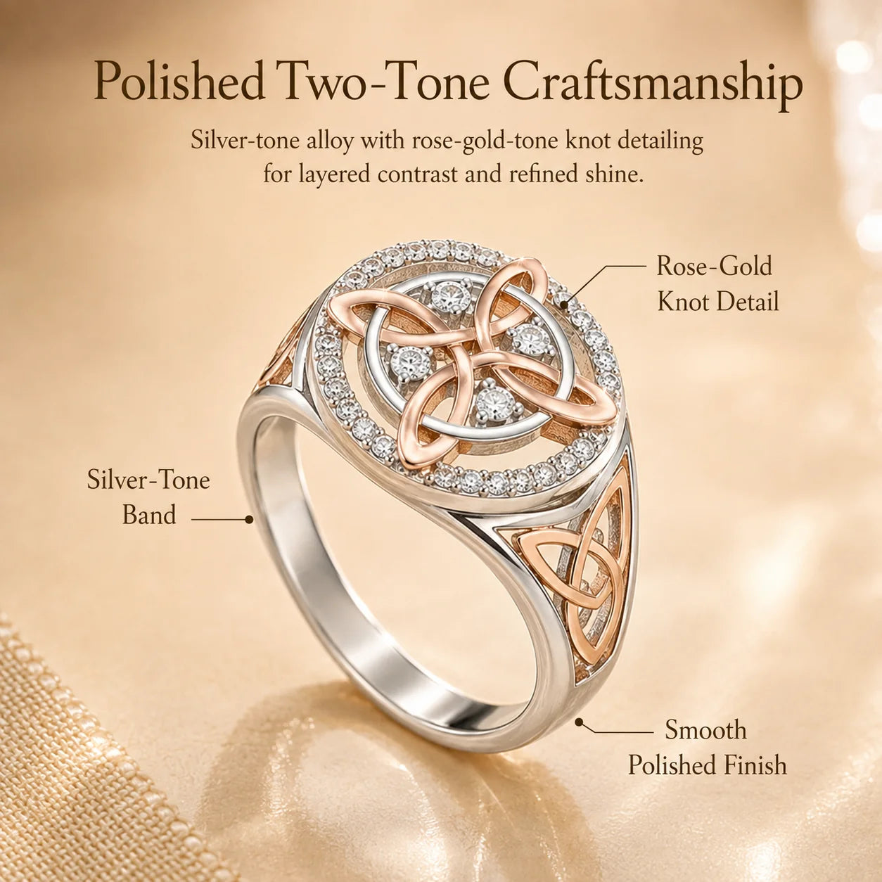 Distinctive Two-Tone Celtic Knot Ring – Rose Gold & Silver Statement