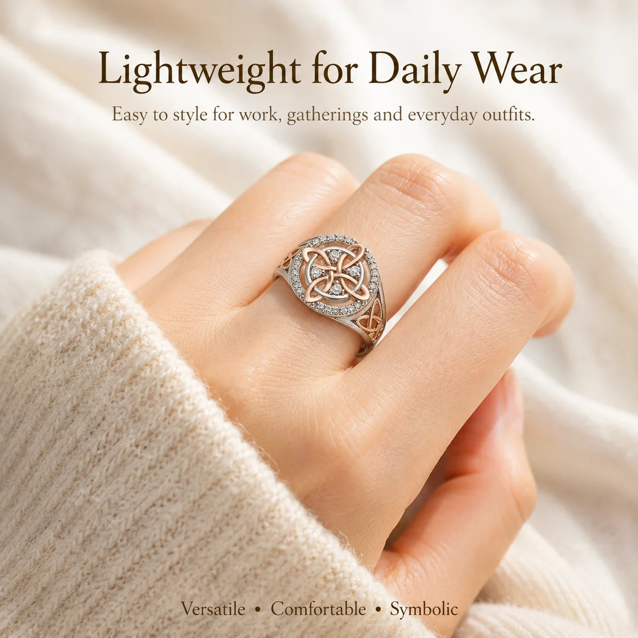 Distinctive Two-Tone Celtic Knot Ring – Rose Gold & Silver Statement