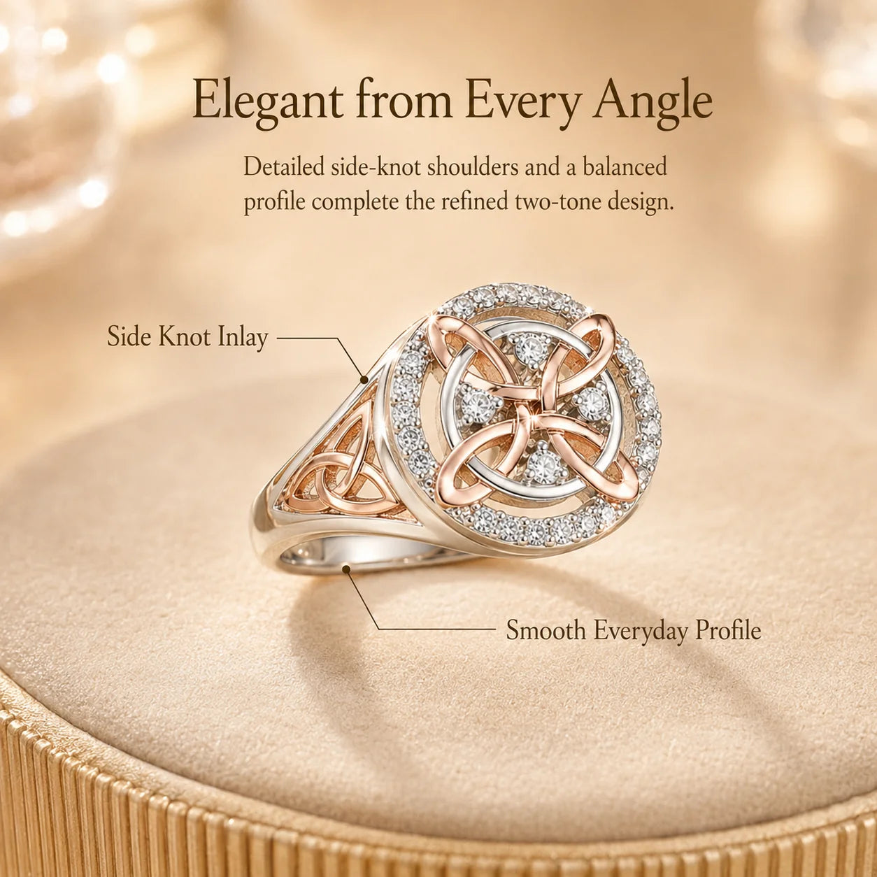 Distinctive Two-Tone Celtic Knot Ring – Rose Gold & Silver Statement