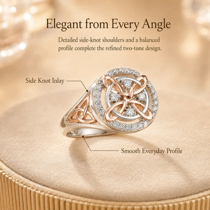 Distinctive Two-Tone Celtic Knot Ring – Rose Gold & Silver Statement