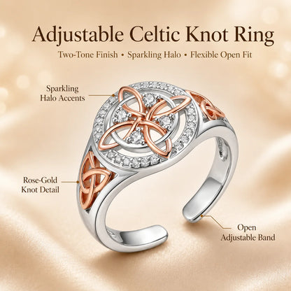 Distinctive Two-Tone Celtic Knot Ring – Rose Gold & Silver Statement