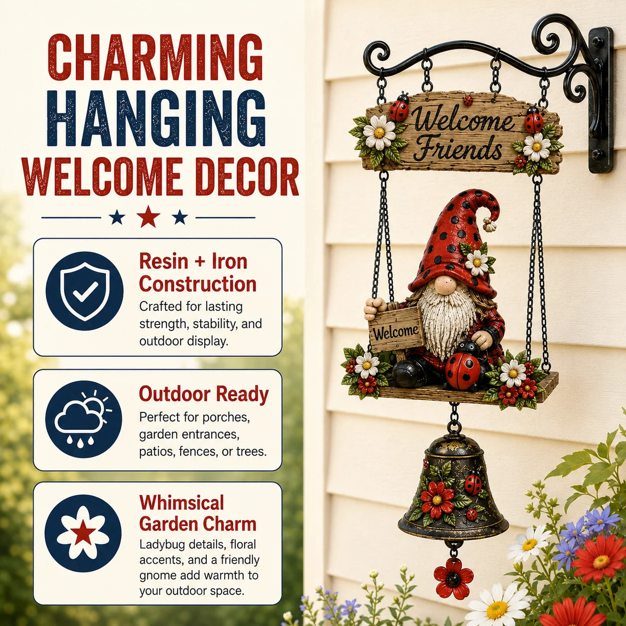 Outdoor Rustic Garden Gnome Bell Outdoor Decor for Garden Display