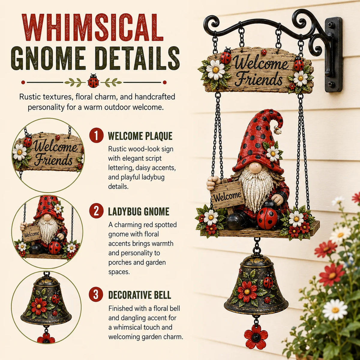 Outdoor Rustic Garden Gnome Bell Outdoor Decor for Garden Display