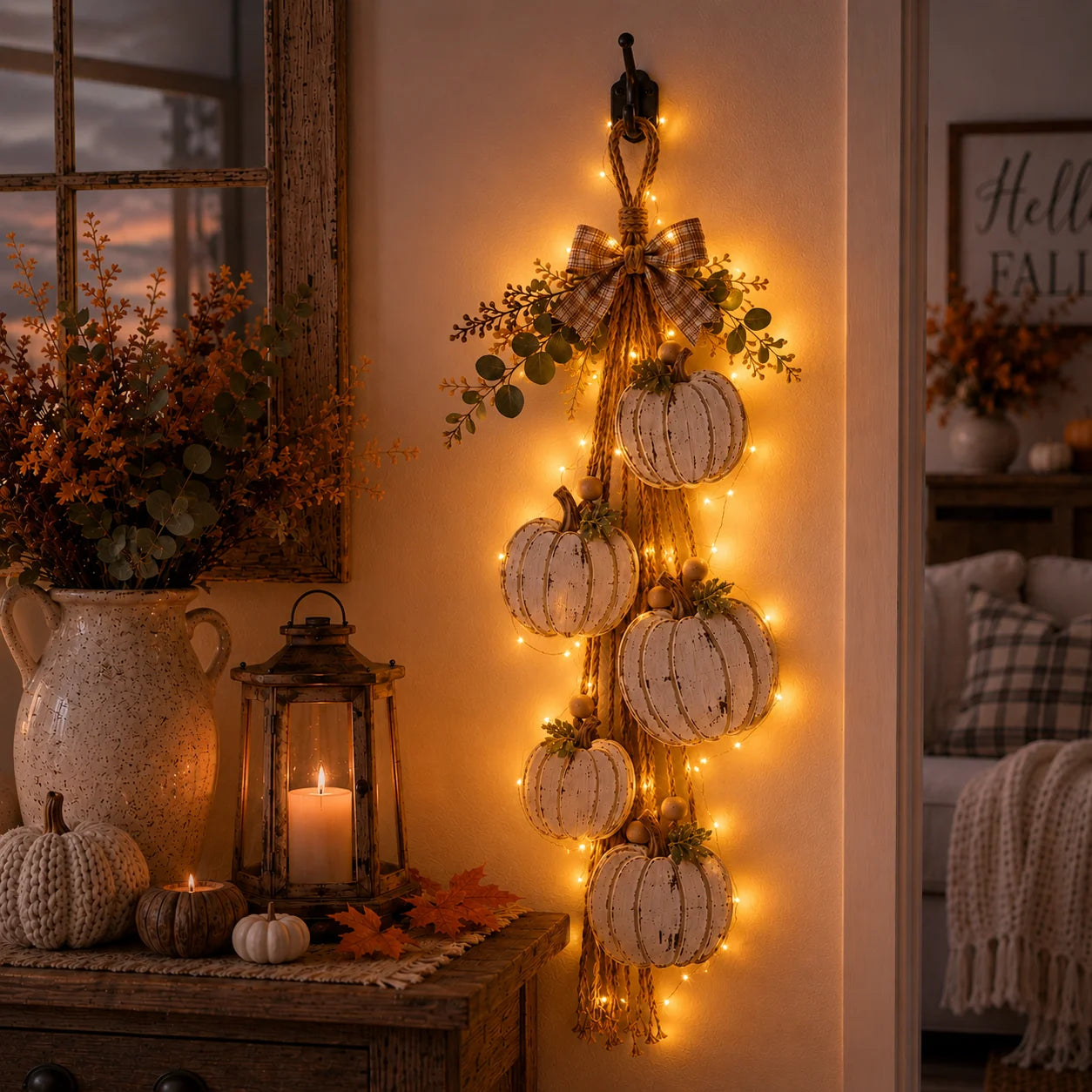 Purpose-Built Rustic White Pumpkin Hanging Swag – 5-Pumpkin Fall Wall