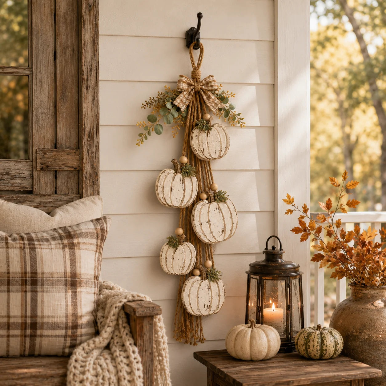 Purpose-Built Rustic White Pumpkin Hanging Swag – 5-Pumpkin Fall Wall
