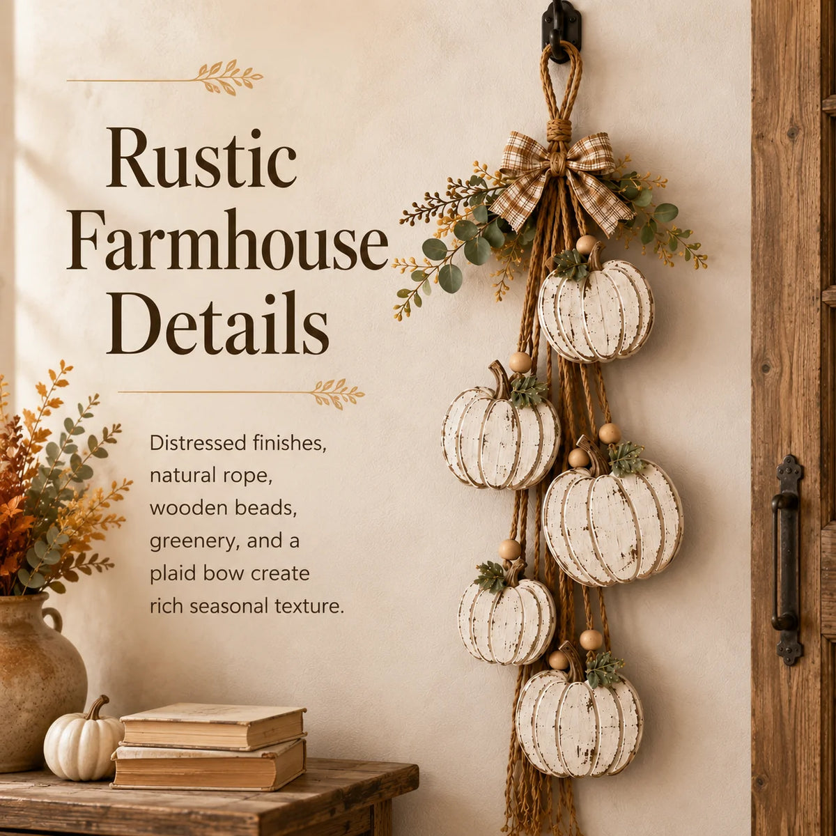 Purpose-Built Rustic White Pumpkin Hanging Swag – 5-Pumpkin Fall Wall