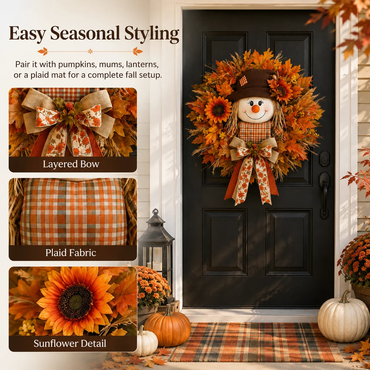 Vehicle-Ready Lighted Scarecrow Fall Wreath for Front