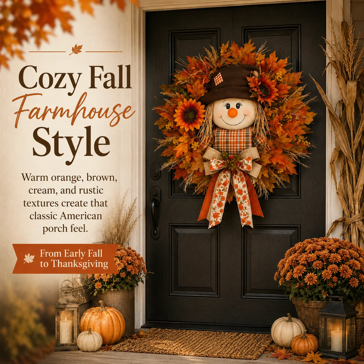 Vehicle-Ready Lighted Scarecrow Fall Wreath for Front
