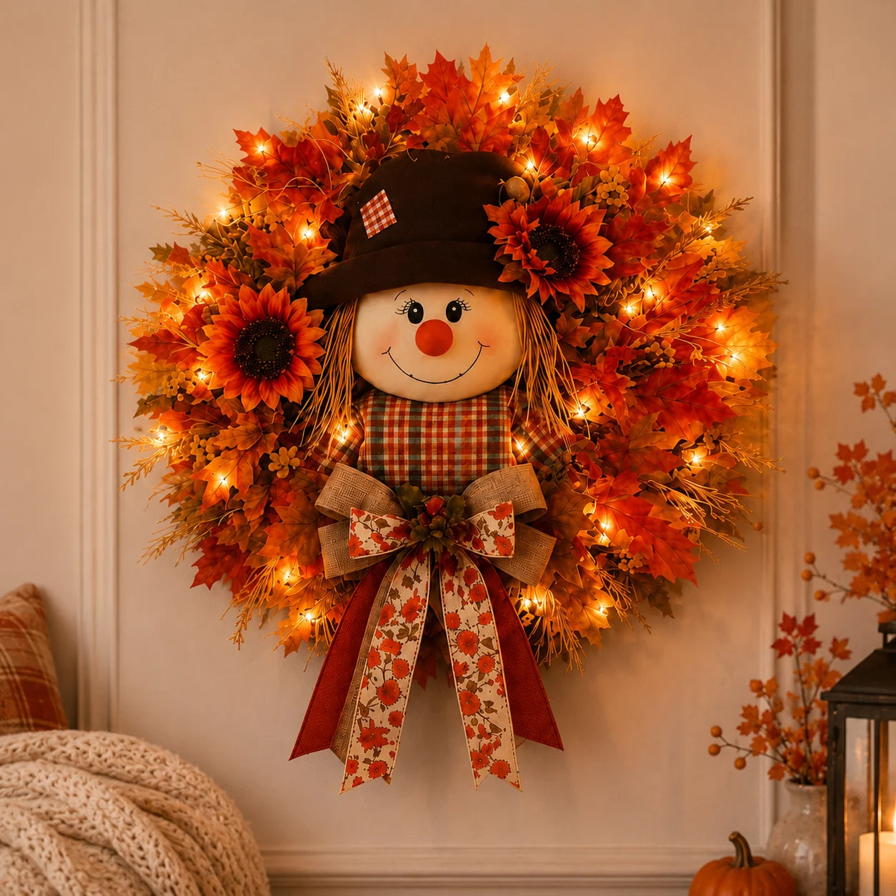 Vehicle-Ready Lighted Scarecrow Fall Wreath for Front