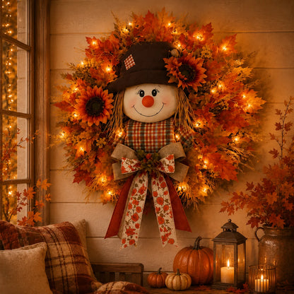 Vehicle-Ready Lighted Scarecrow Fall Wreath for Front