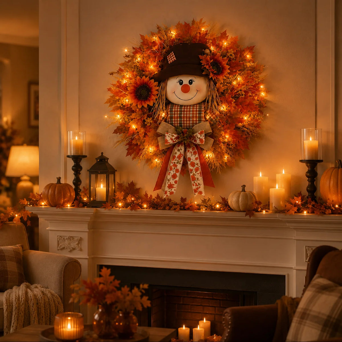 Vehicle-Ready Lighted Scarecrow Fall Wreath for Front