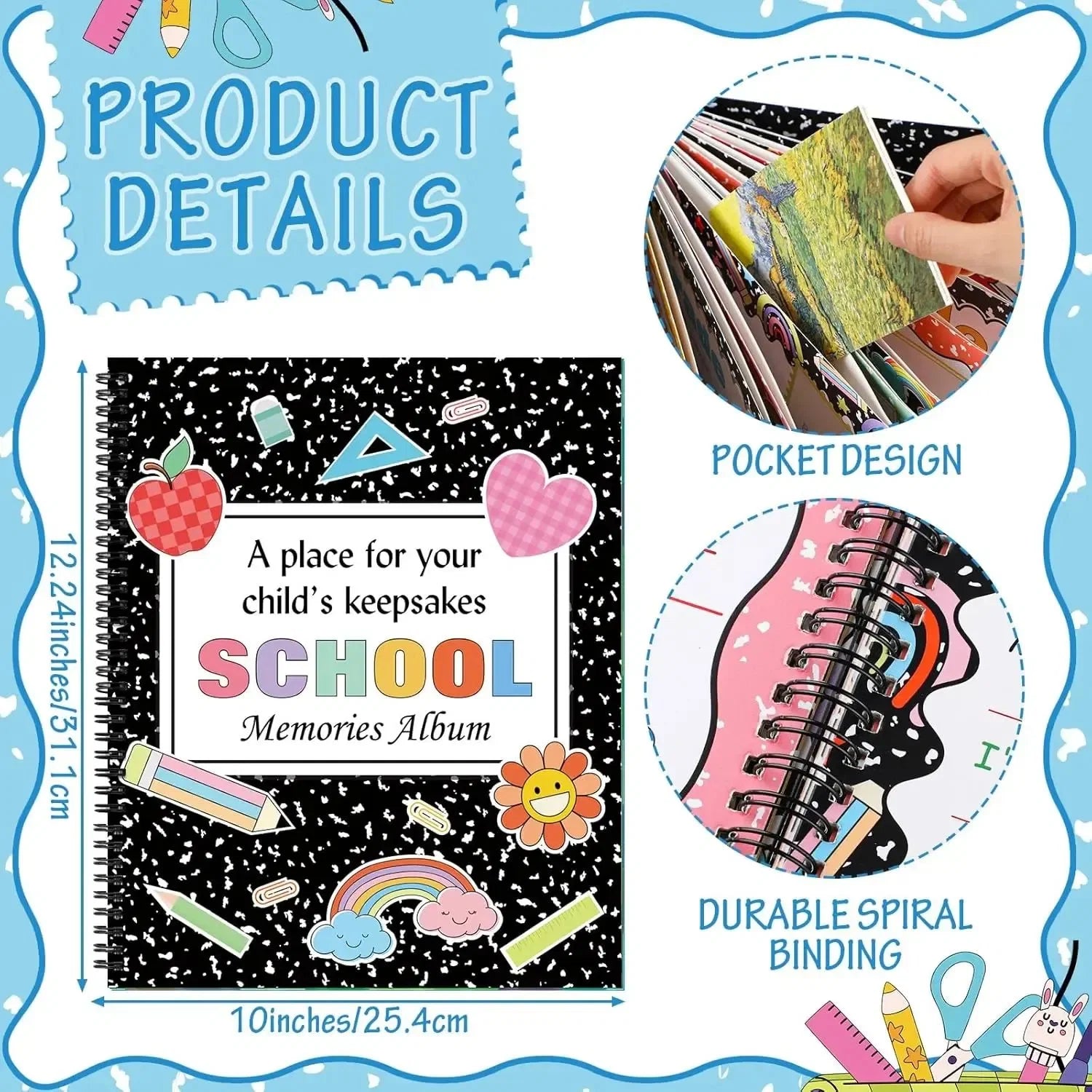 Kids' 13-Year School Memory Album with 14 Pockets and 34 Pages