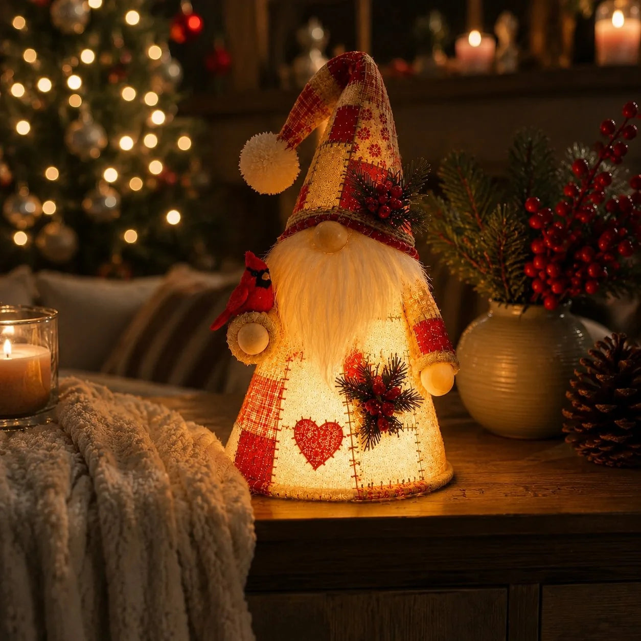 Glowing Bird-Gnome Patchwork Ornament Collection