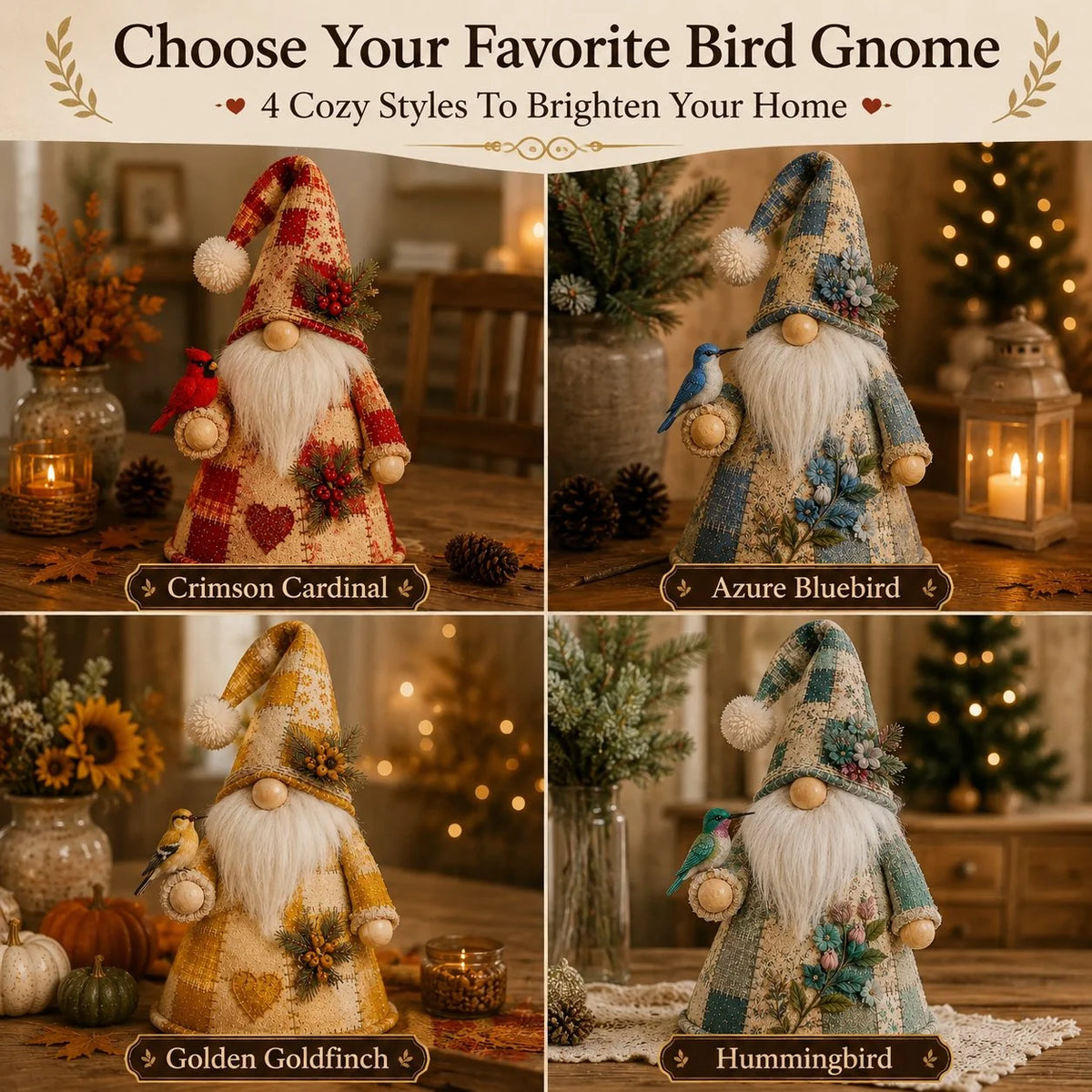 Glowing Bird-Gnome Patchwork Ornament Collection