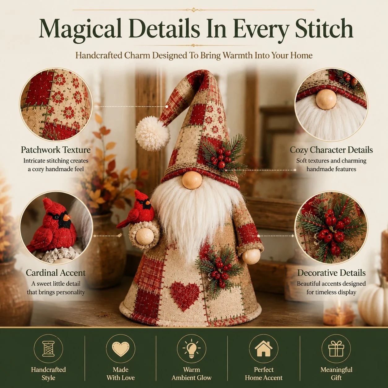 Glowing Bird-Gnome Patchwork Ornament Collection