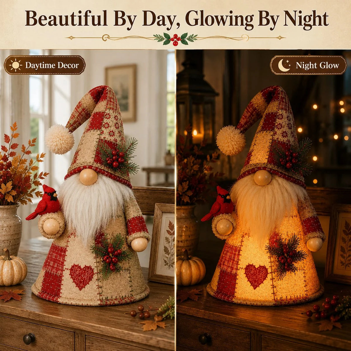 Glowing Bird-Gnome Patchwork Ornament Collection