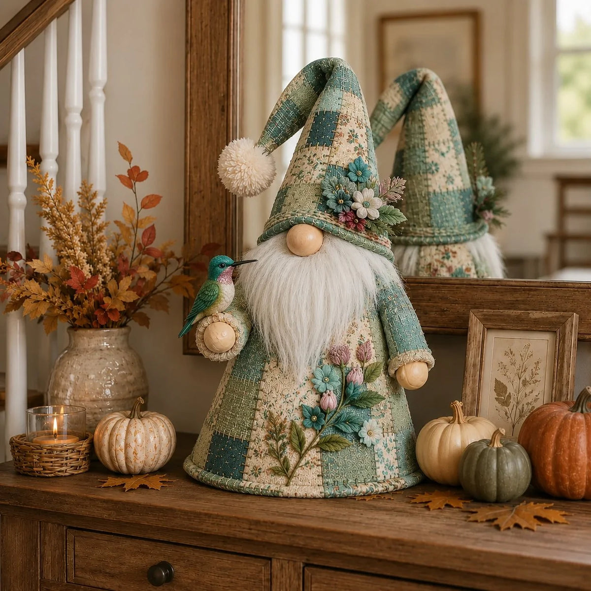 Glowing Bird-Gnome Patchwork Ornament Collection