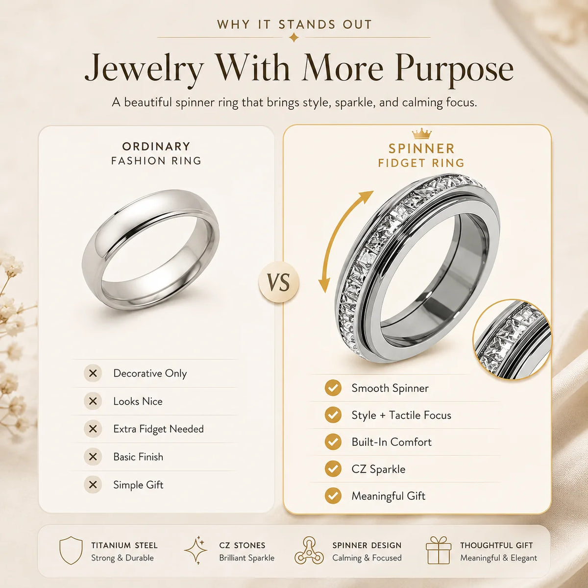 Distinctive September Laurel Anxiety Rings for Women and men Titanium