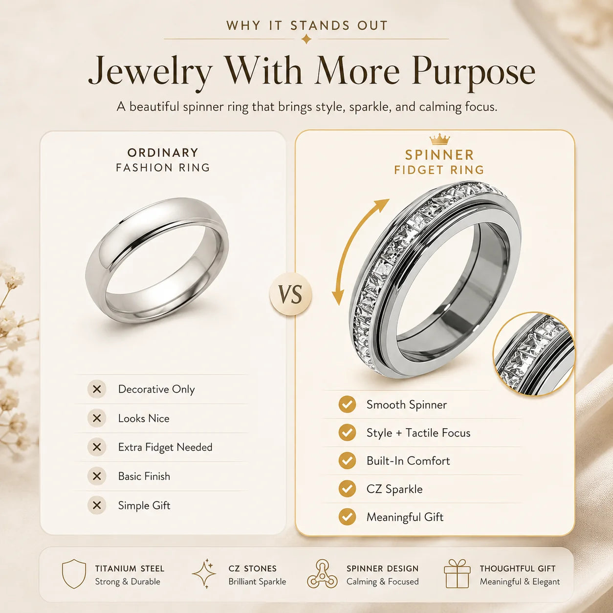 Distinctive September Laurel Anxiety Rings for Women and men Titanium