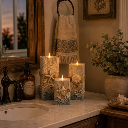 Seashell-Inspired Wooden Candle Trio with Battery LED Glow