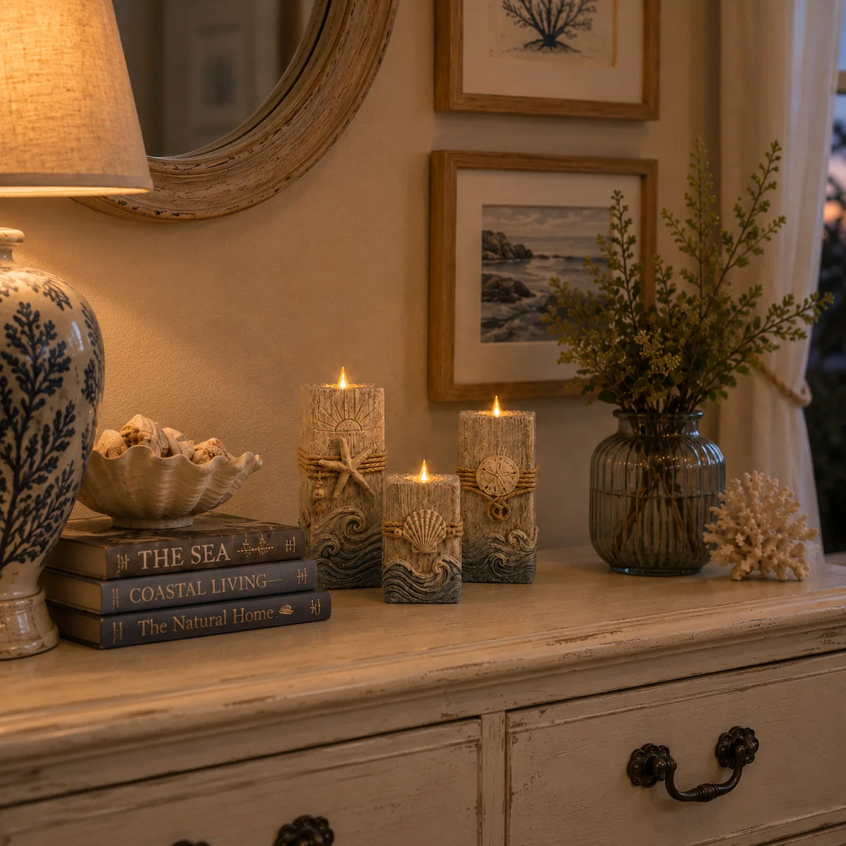 Seashell-Inspired Wooden Candle Trio with Battery LED Glow