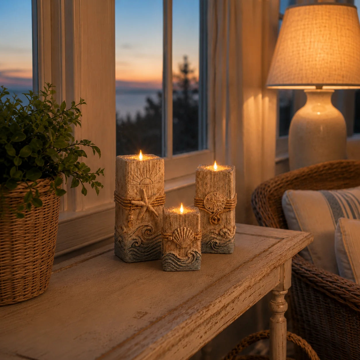 Seashell-Inspired Wooden Candle Trio with Battery LED Glow