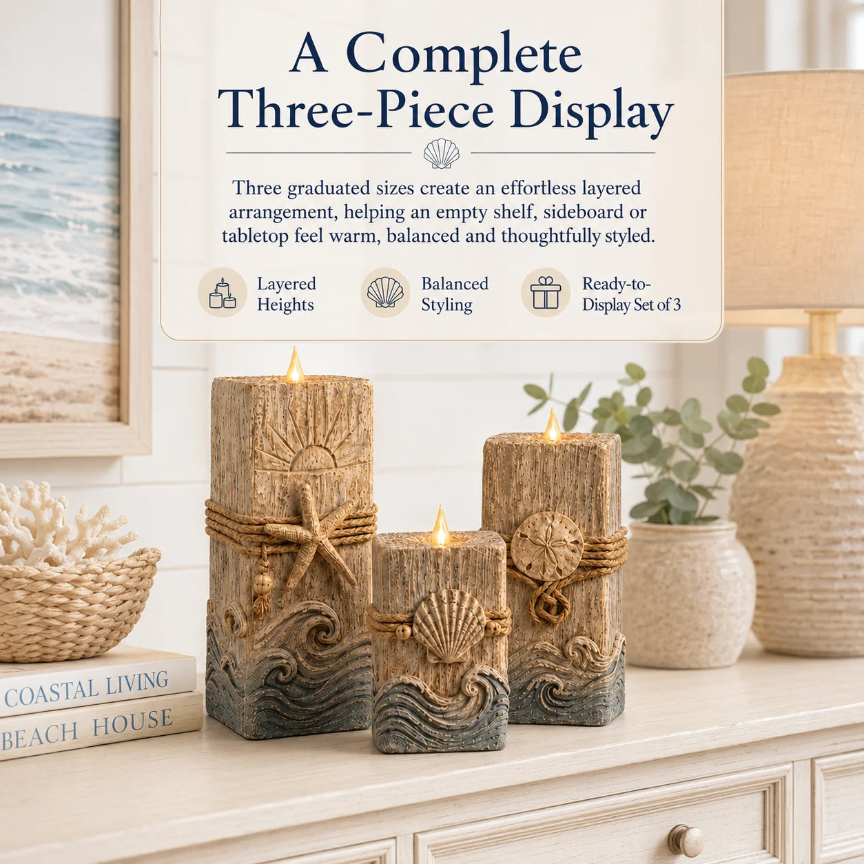 Seashell-Inspired Wooden Candle Trio with Battery LED Glow