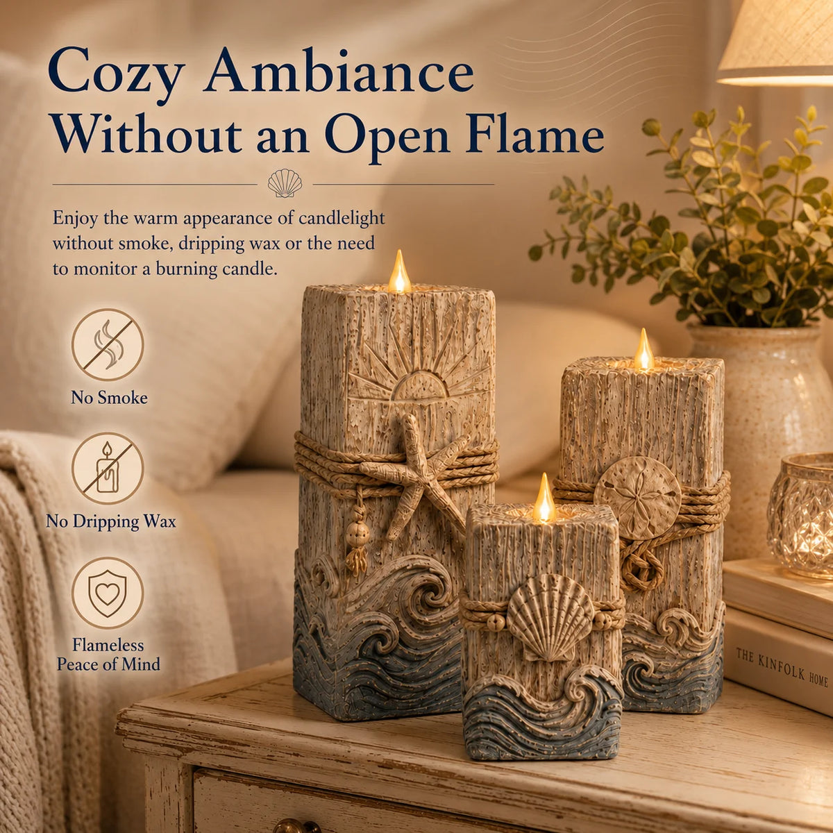 Seashell-Inspired Wooden Candle Trio with Battery LED Glow