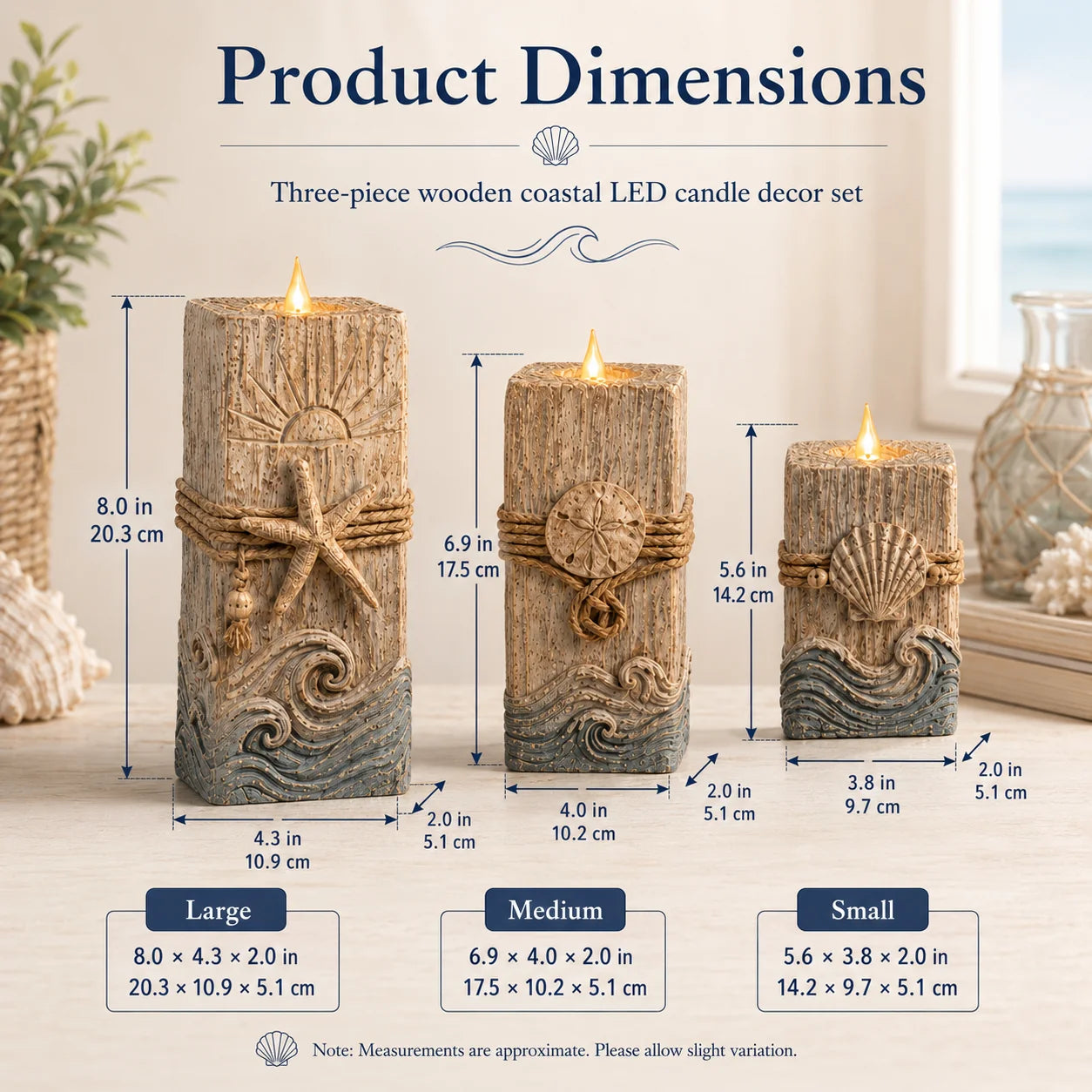 Seashell-Inspired Wooden Candle Trio with Battery LED Glow