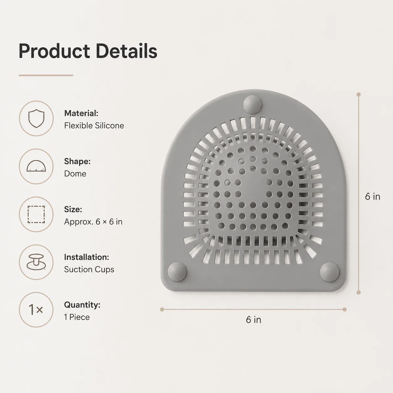 Easy-Care Silicone Shower Drain Hair Catcher 6" Flexible Dome Cover