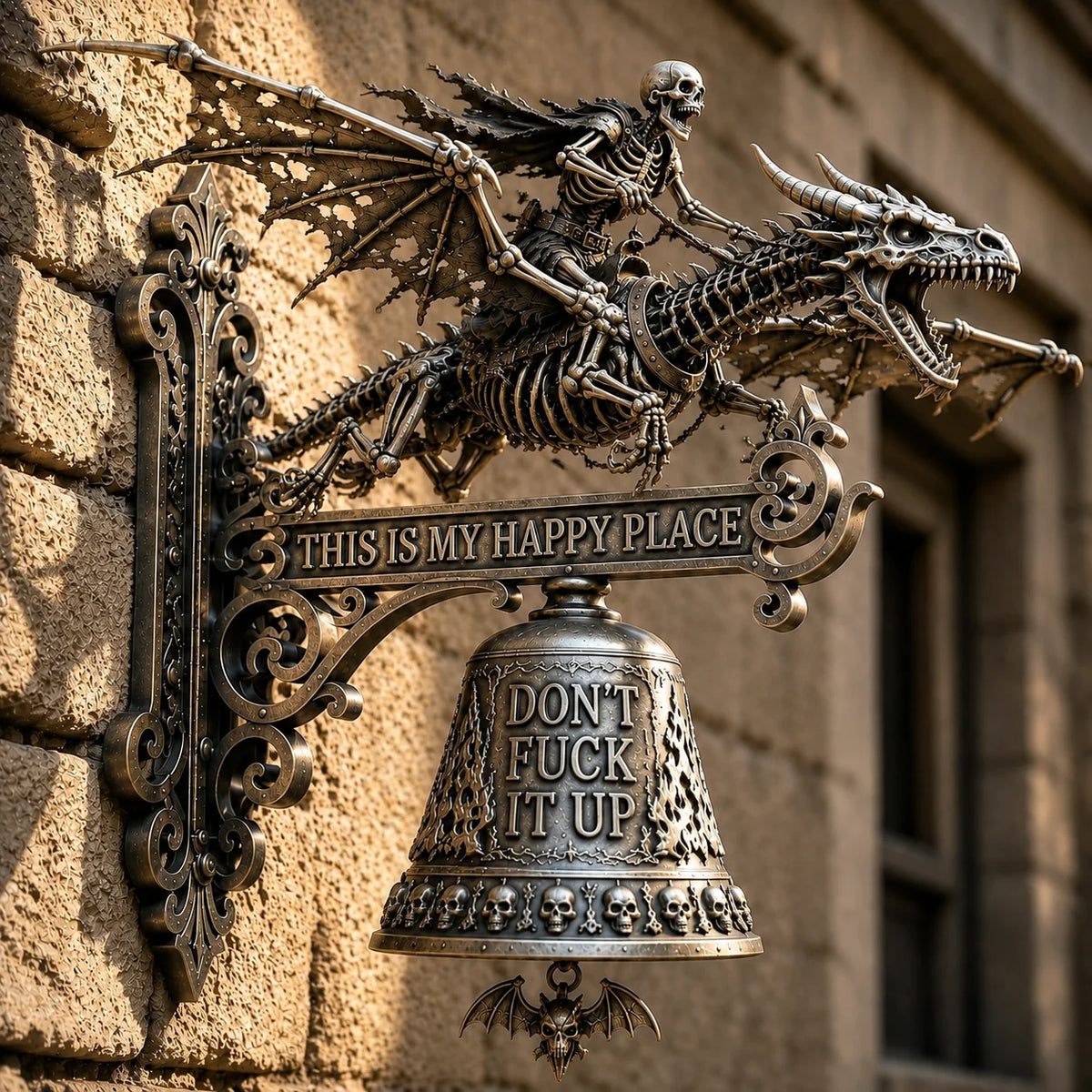 Dragon-Riding Skeleton Wall Chime with Happy Place Message