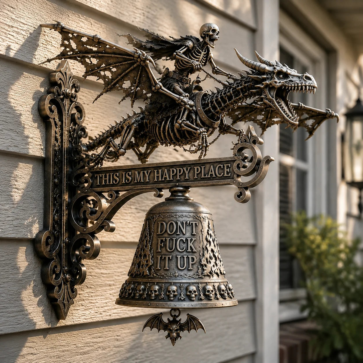 Dragon-Riding Skeleton Wall Chime with Happy Place Message