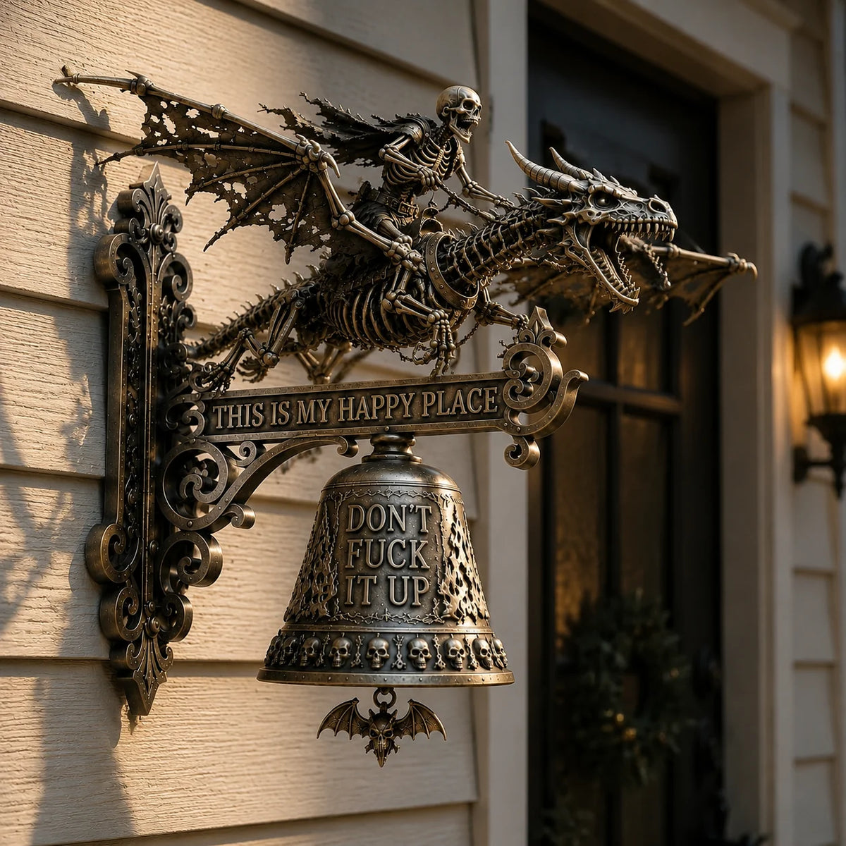 Dragon-Riding Skeleton Wall Chime with Happy Place Message