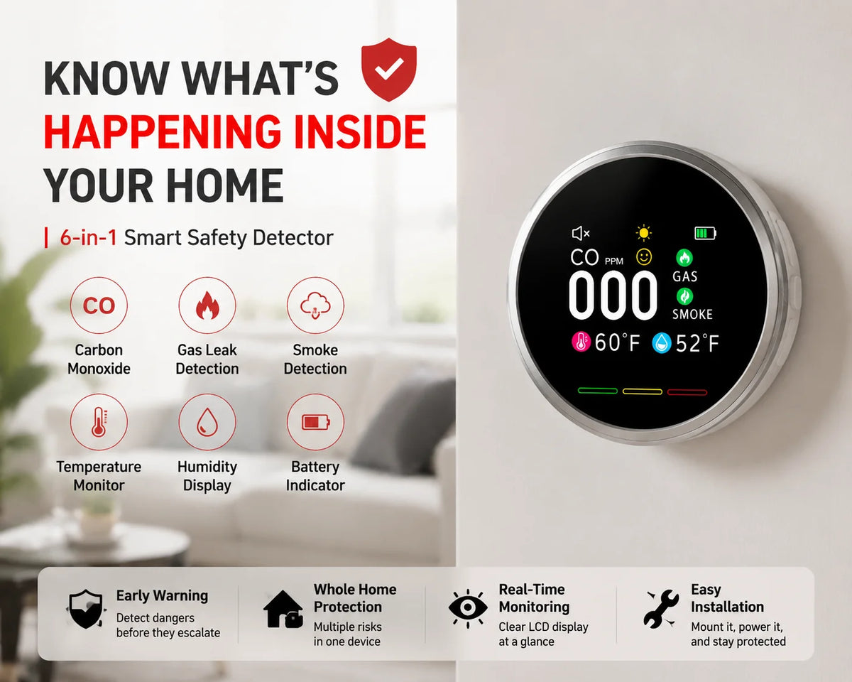 Purpose-Built Smart 6-in-1 Gas Detector – CO Smoke & Gas Leak Alarm