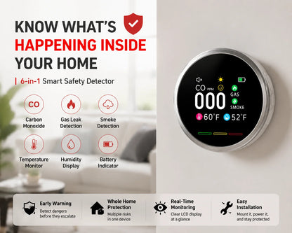 Purpose-Built Smart 6-in-1 Gas Detector – CO Smoke & Gas Leak Alarm