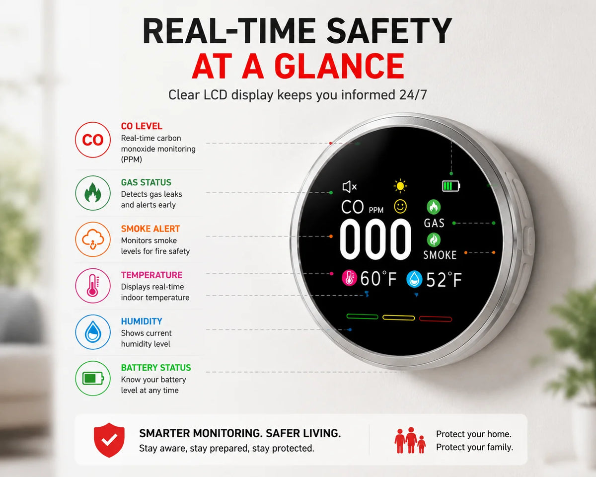 Purpose-Built Smart 6-in-1 Gas Detector – CO Smoke & Gas Leak Alarm