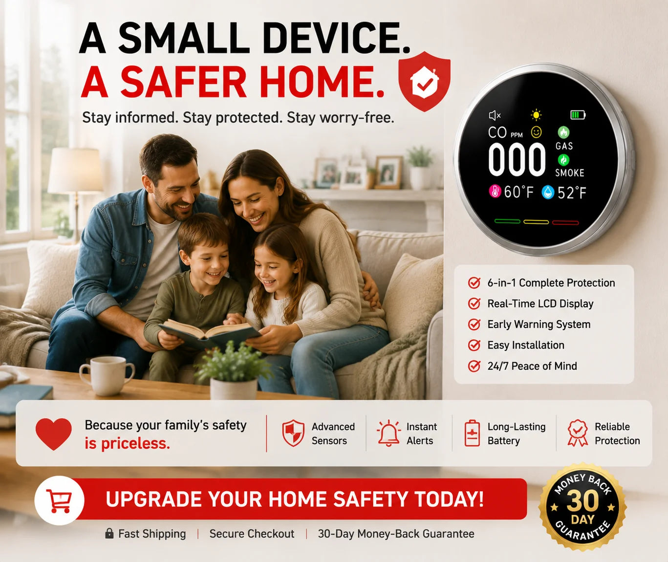 Purpose-Built Smart 6-in-1 Gas Detector – CO Smoke & Gas Leak Alarm