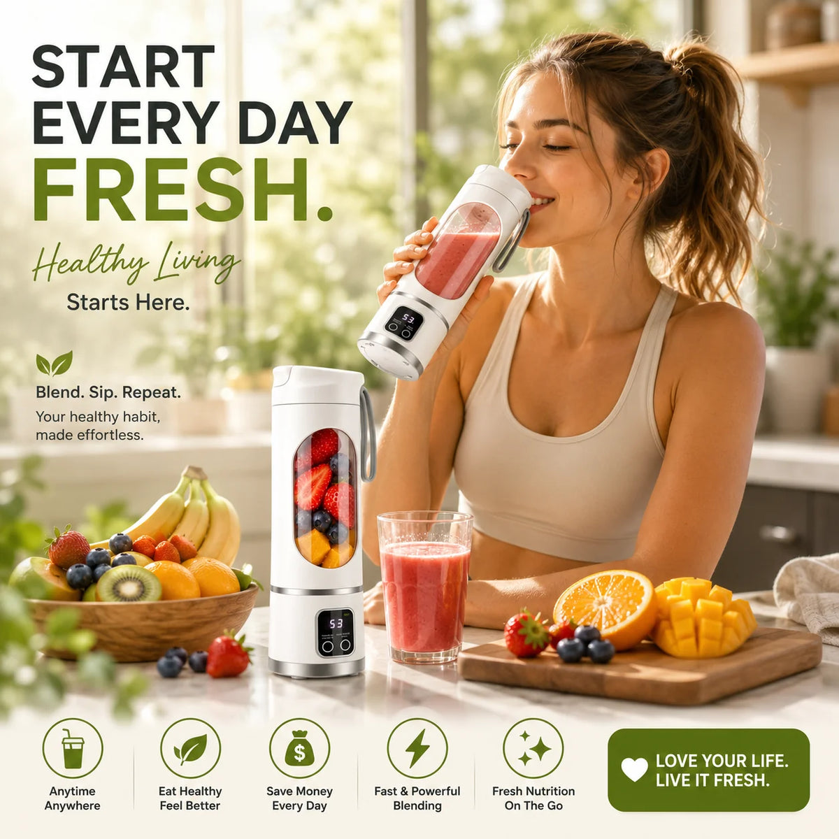 Purpose-Built Portable USB Blender with LED Display - Smoothies &