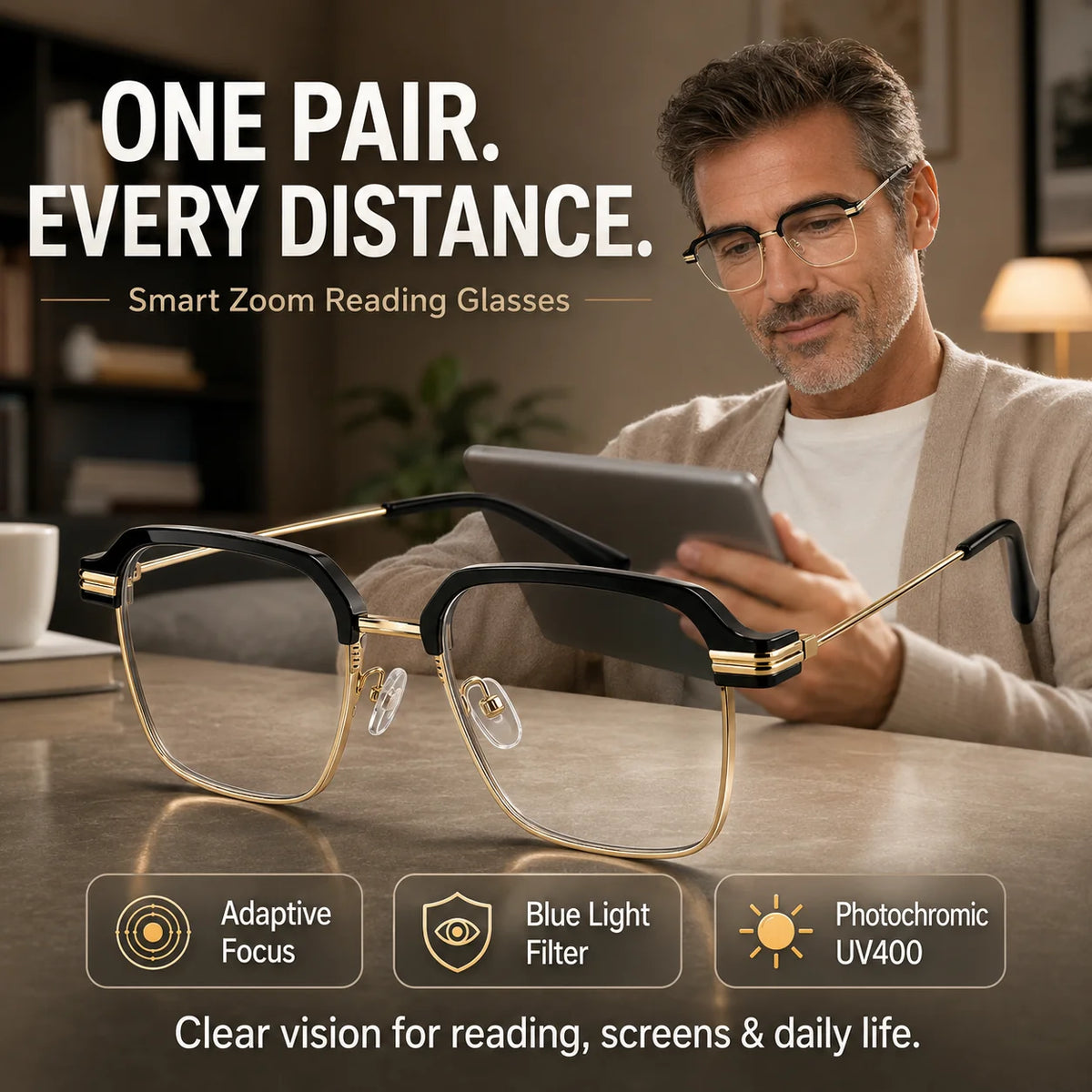 Decorative Smart Zoom Reading Glasses – Auto Adjust Focus & Blue