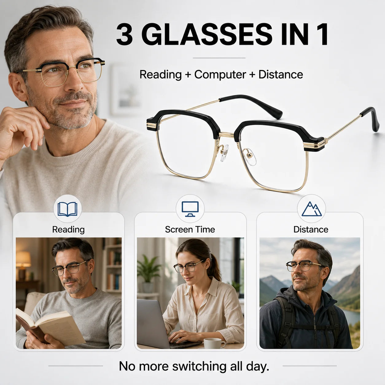 Decorative Smart Zoom Reading Glasses – Auto Adjust Focus & Blue