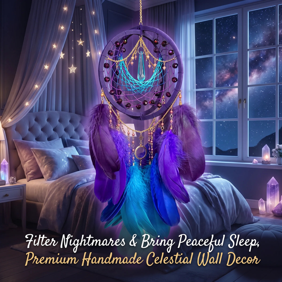 Pet-Friendly Cosmic Crystal Dreamcatcher – Gradient Feather Wall