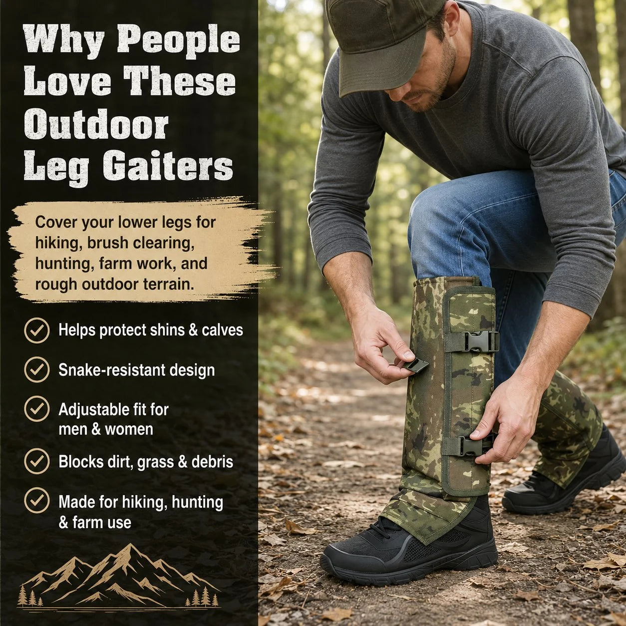 Adjustable Snake-Resistant Leg Gaiters for Hiking and Farm Work