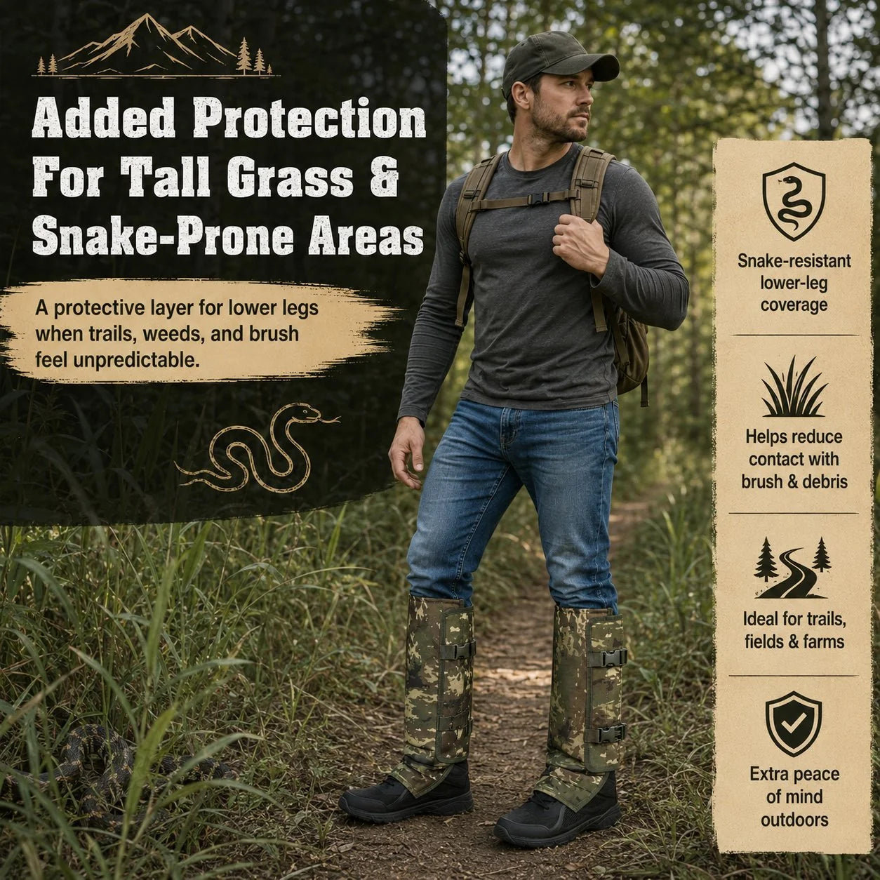 Adjustable Snake-Resistant Leg Gaiters for Hiking and Farm Work
