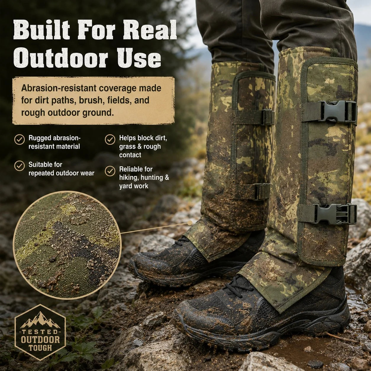 Adjustable Snake-Resistant Leg Gaiters for Hiking and Farm Work