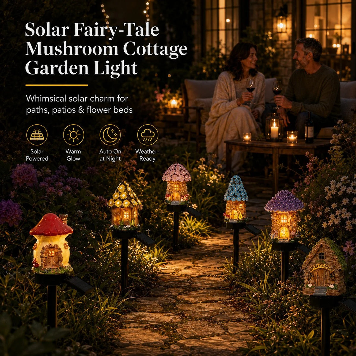 Solar Fairy-Tale Mushroom Cottage Light for Garden Displays