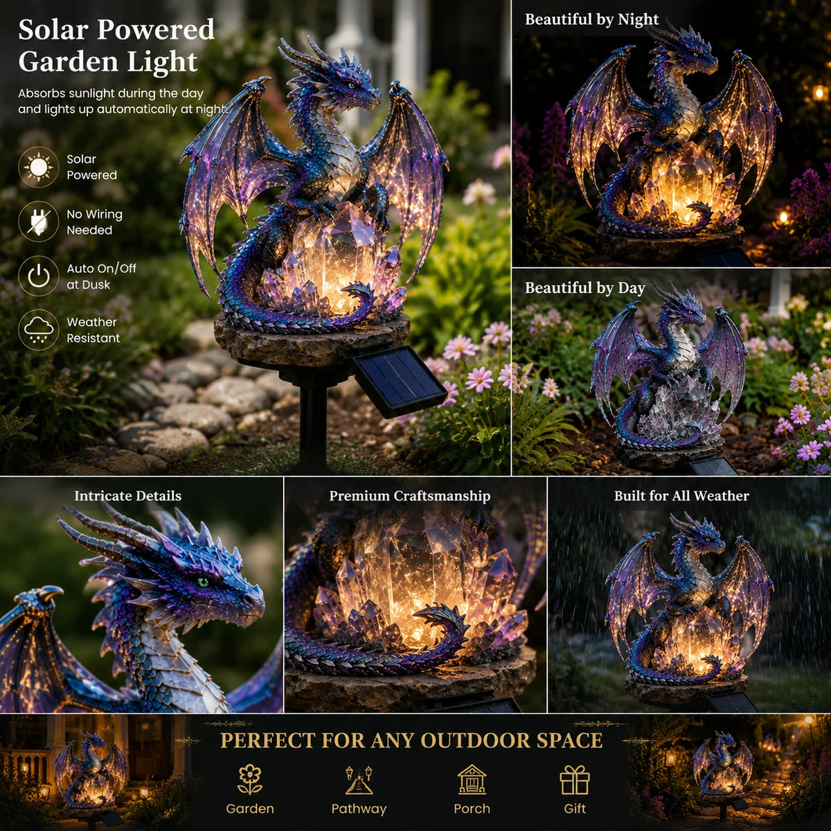 Amethyst Dragon Solar Ornament with a Crystal Garden Glow